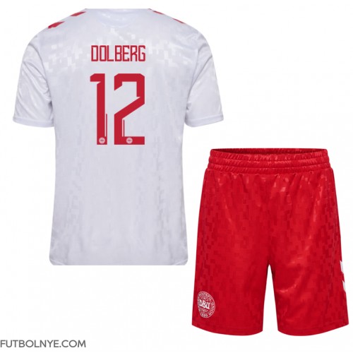 Camiseta Dinamarca Kasper Dolberg #12 Visitante Equipación para niños Eurocopa 2024 manga corta (+ pantalones cortos)